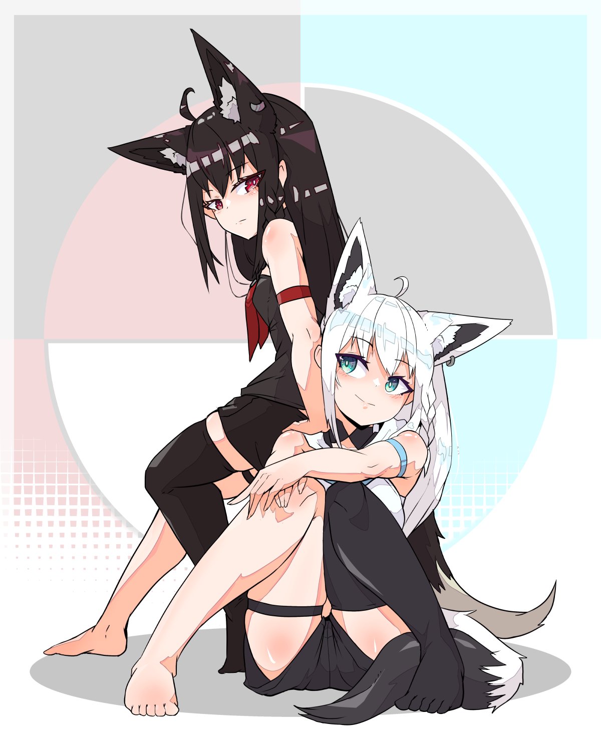 2girls ahoge aikohgin animal_ear_fluff animal_ears arm_strap black_hair black_hoodie black_legwear black_shorts blue_neckwear breasts commentary_request earrings eyebrows_visible_through_hair fox_ears fox_girl fox_tail green_eyes hair_between_eyes highres hololive hood hoodie jewelry knees_up kurokami_fubuki leaning_on_person looking_at_another multiple_girls neckerchief red_eyes red_neckwear shirakami_fubuki short_shorts shorts single_thighhigh small_breasts tail thigh-highs thigh_strap virtual_youtuber white_hair white_hoodie