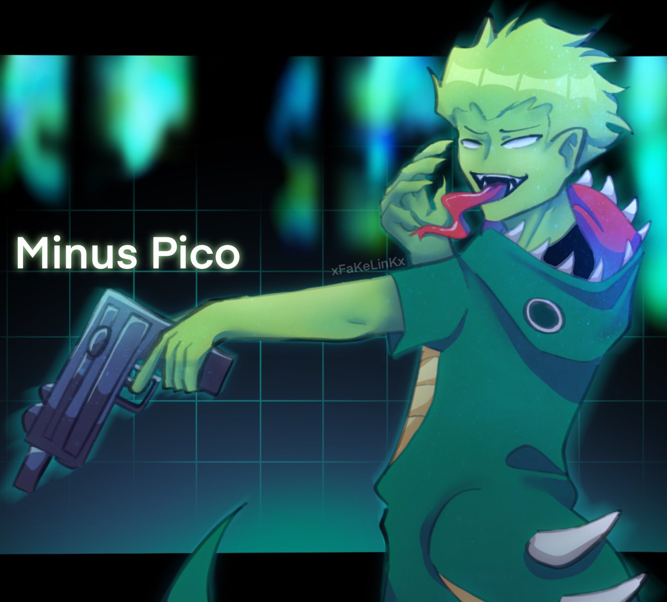 1boy alternate_universe character_name costume dinosaur_costume empty_eyes english_commentary friday_night_funkin' friday_night_funkin'_minus green_hair green_skin gun holding holding_gun holding_weapon long_tongue male_focus pico_(pico's_school) short_hair smile solo weapon xfakelinkxuwu