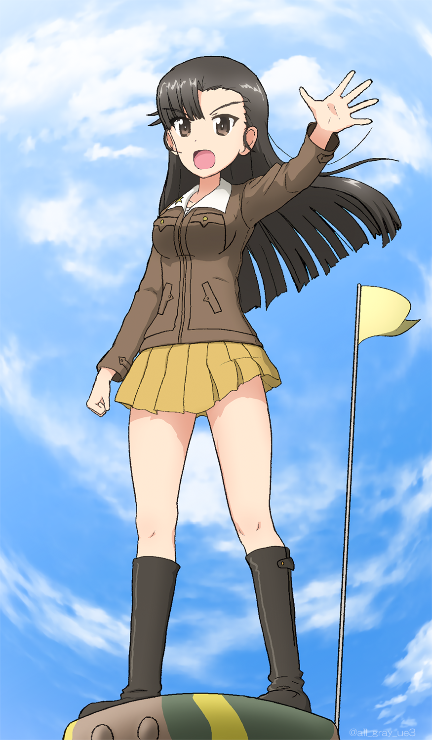 1girl asymmetrical_bangs bangs black_footwear black_hair blue_sky boots brown_eyes brown_jacket chi-hatan_military_uniform clouds cloudy_sky commentary_request day flag frown full_body girls_und_panzer haiiro_purin highres jacket knee_boots long_hair long_sleeves looking_at_viewer military military_uniform miniskirt nishi_kinuyo open_mouth outdoors pleated_skirt skirt sky solo standing straight_hair tank_cupola twitter_username uniform yellow_skirt