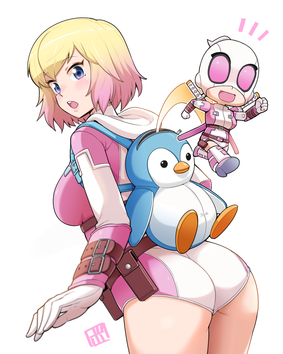 1girl ass belt blonde_hair blue_eyes bowieknife breasts chibi gradient_hair gwen_poole gwenpool highres holding hood katana leotard looking_at_viewer marvel mask multicolored_hair open_mouth pink_hair pink_leotard pouch short_hair simple_background smile solo superhero sword two-tone_hair weapon