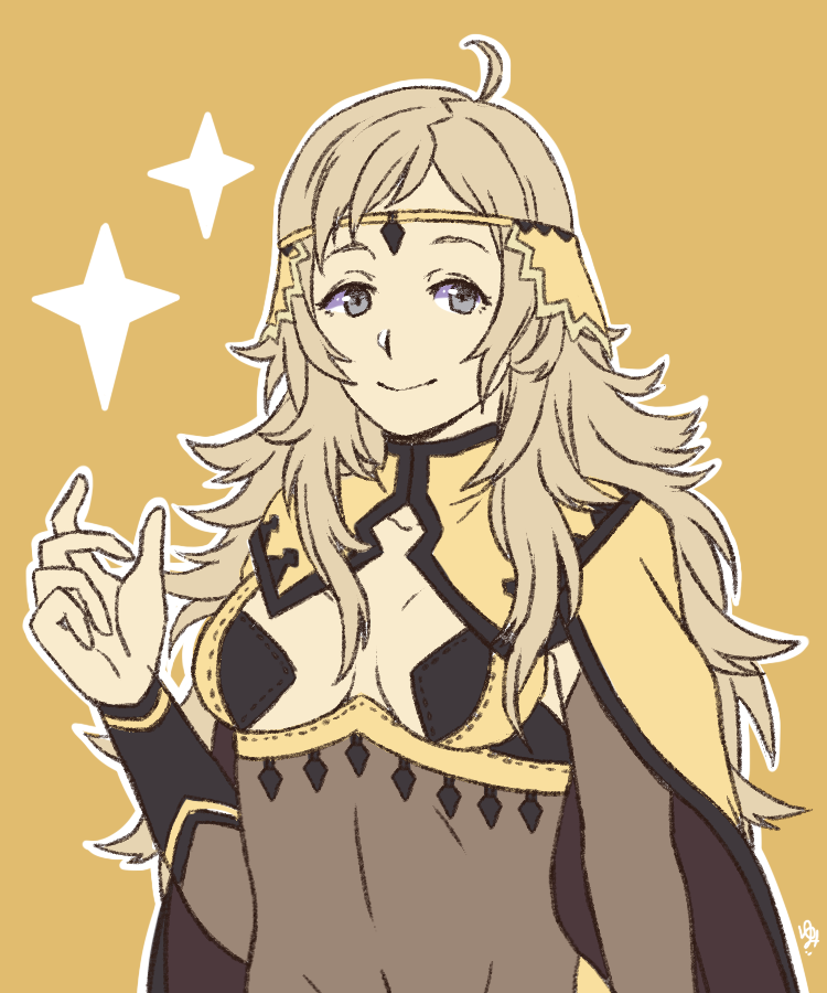 1girl ahoge bangs blonde_hair bodystocking breasts cape circlet fire_emblem fire_emblem_fates grey_eyes long_hair looking_at_viewer maji_(majibomber) medium_breasts ophelia_(fire_emblem) smile solo turtleneck upper_body yellow_background