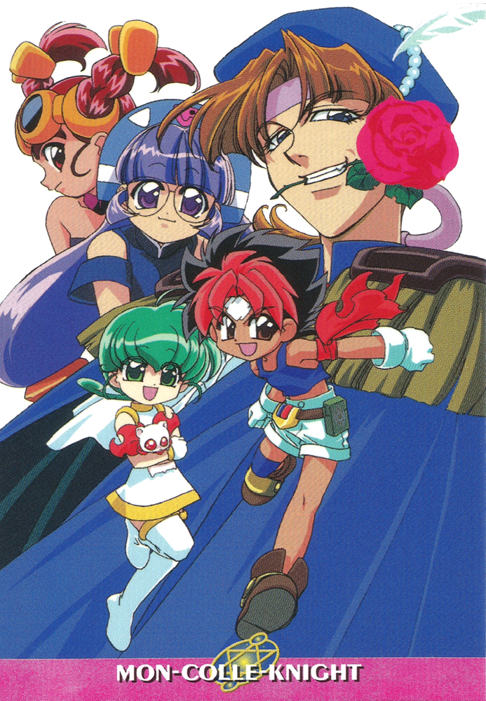 1990s_(style) 2boys 3girls animal_hug bangs batch_(rokumon_tengai_mon_colle_knight) beads black_hair blue_eyes blunt_bangs boots braid brown_eyes brown_footwear brown_hair copyright_name dark-skinned_male dark_skin epaulettes eyebrows_visible_through_hair flower gloves gluko goggles goggles_on_head green_eyes green_hair grin hat hat_feather headdress hiiragi_rokuna holding holding_flower looking_at_viewer ludwig_von_monsterstein_eccentro mouth_hold multicolored_hair multiple_boys multiple_girls official_art ooya_mondo open_mouth profile purple_hair red_eyes red_flower red_rose redhead retro_artstyle rimless_eyewear rokumon_tengai_mon_colle_knight rose round_eyewear scan shorts simple_background smile tank_top thigh-highs thigh_boots twin_braids two-tone_hair violet_eyes white_background white_footwear white_gloves