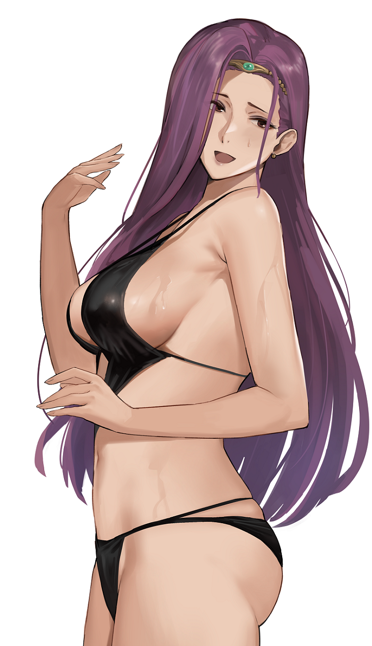 1girl bikini black_bikini breasts brown_eyes circlet fire_emblem fire_emblem_echoes:_shadows_of_valentia from_side hand_up highres j@ck large_breasts long_hair medium_breasts open_mouth purple_hair sideboob simple_background skindentation sonya_(fire_emblem) straight_hair strap_gap swimsuit very_long_hair wet white_background