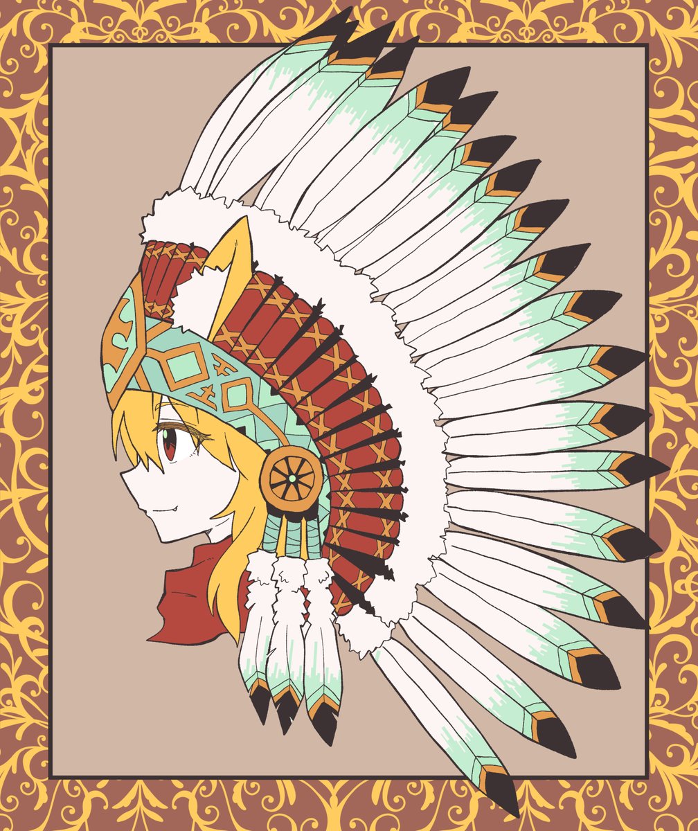 1girl animal_ear_fluff animal_ears asymmetrical_hair bangs blonde_hair border brown_background brown_border closed_mouth commentary_request cookie_(touhou) cropped_torso eyebrows_visible_through_hair fang fang_out feathers fox_ears fox_girl headdress highres medium_hair miramikaru_riran native_american_headdress profile red_eyes red_scarf scarf sidelocks smile solo yan_pai