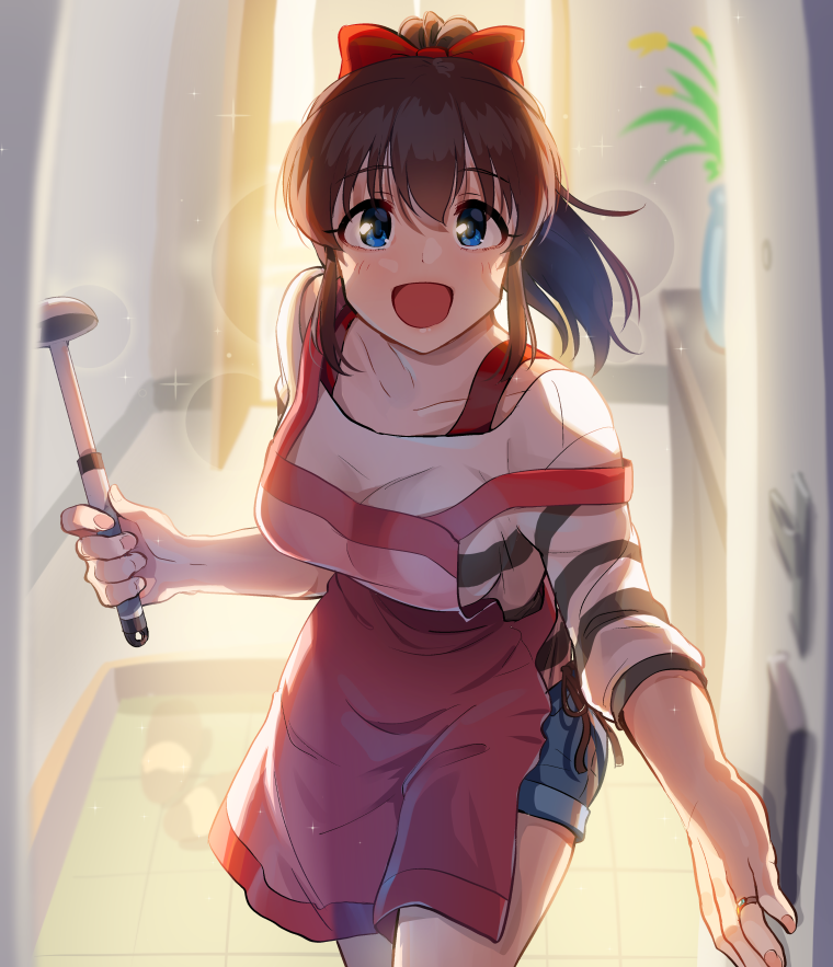 1girl apron backlighting bangs blue_eyes blue_shorts blurry blurry_background bow brown_hair commentary eyebrows_visible_through_hair hair_bow holding holding_ladle idolmaster idolmaster_million_live! indoors jewelry kamille_(vcx68) ladle looking_at_viewer medium_hair open_mouth opening_door pink_apron ponytail red_bow ring satake_minako shirt short_shorts short_sleeves shorts smile solo strap_slip striped striped_shirt wedding_band white_shirt