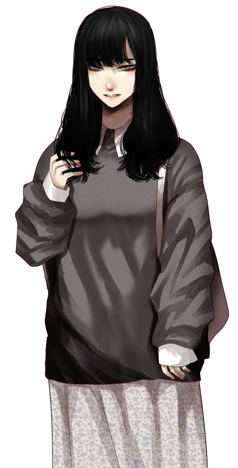 1girl black_hair brown_sweater commentary_request cowboy_shot grey_eyes grey_skirt hand_up highres hoshi_san_3 long_hair long_skirt long_sleeves looking_at_viewer mole mole_under_mouth original parted_lips simple_background skirt solo sweater white_background