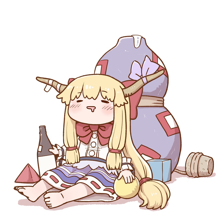 1girl bangs barefoot blonde_hair blue_skirt blush bottle bow bowtie closed_eyes cork cuffs drunk eyebrows_visible_through_hair gourd grey_ribbon hair_bow holding holding_bottle horn_ornament horn_ribbon horns ibuki_suika long_hair mouth_drool oni_horns open_mouth poronegi pyramid_(geometry) red_bow red_neckwear ribbon shackles shirt sidelocks simple_background sitting skirt solo toes touhou very_long_hair white_background white_shirt wrist_cuffs
