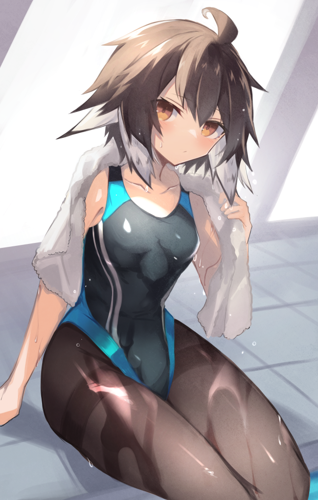 1girl ahoge arknights arm_support black_legwear black_swimsuit blush brown_hair collarbone commentary competition_swimsuit holding holding_towel indoors looking_at_viewer multicolored_hair one-piece_swimsuit orange_eyes pantyhose pantyhose_under_swimsuit plume_(arknights) sasa_onigiri short_hair sitting solo swimsuit tile_floor tiles towel towel_around_neck two-tone_hair wet white_hair white_towel