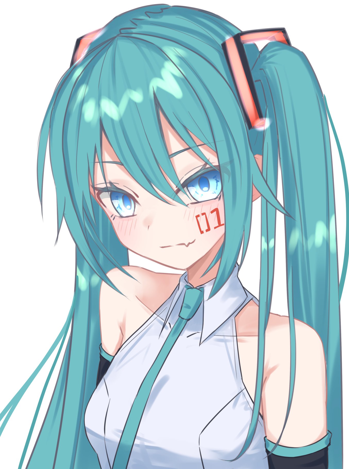 1girl aqua_hair aqua_neckwear bare_shoulders black_sleeves blue_eyes collarbone commentary detached_sleeves facial_tattoo fang hair_ornament hatsune_miku highres light_smile long_hair looking_at_viewer necktie number_tattoo shirt skin_fang sleeveless sleeveless_shirt solo tattoo thinker25075754 twintails upper_body vocaloid white_background