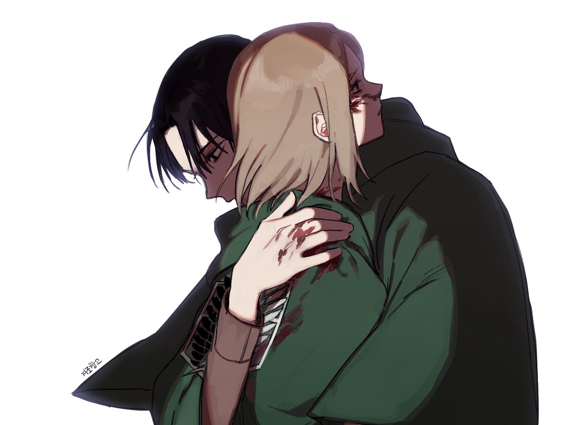 1boy 1girl black_eyes black_hair blood blood_on_clothes blood_on_face blood_on_hands capelet from_side green_capelet hug korean_text levi_(shingeki_no_kyojin) paradis_military_uniform petra_ral profile shingeki_no_kyojin simple_background translation_request white_background yp_(pypy_5_)