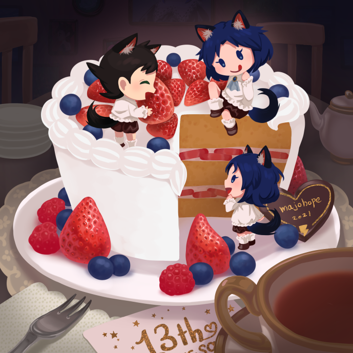 3girls animal_ears bangs black_hair blue_eyes blue_hair blueberry blush cake character_request cup food fork fruit icing inazuma_eleven inazuma_eleven_(series) long_sleeves majohope minigirl multiple_girls no_nose open_mouth plate profile shadow shirt short_hair smile strawberry tail teapot white_shirt