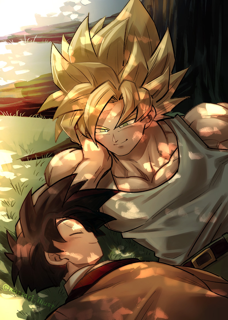 2boys black_hair blonde_hair closed_eyes dragon_ball dragon_ball_z father_and_son grass lying male_focus mattari_illust multiple_boys sleeping smile son_gohan son_goku spiky_hair super_saiyan super_saiyan_1 tree