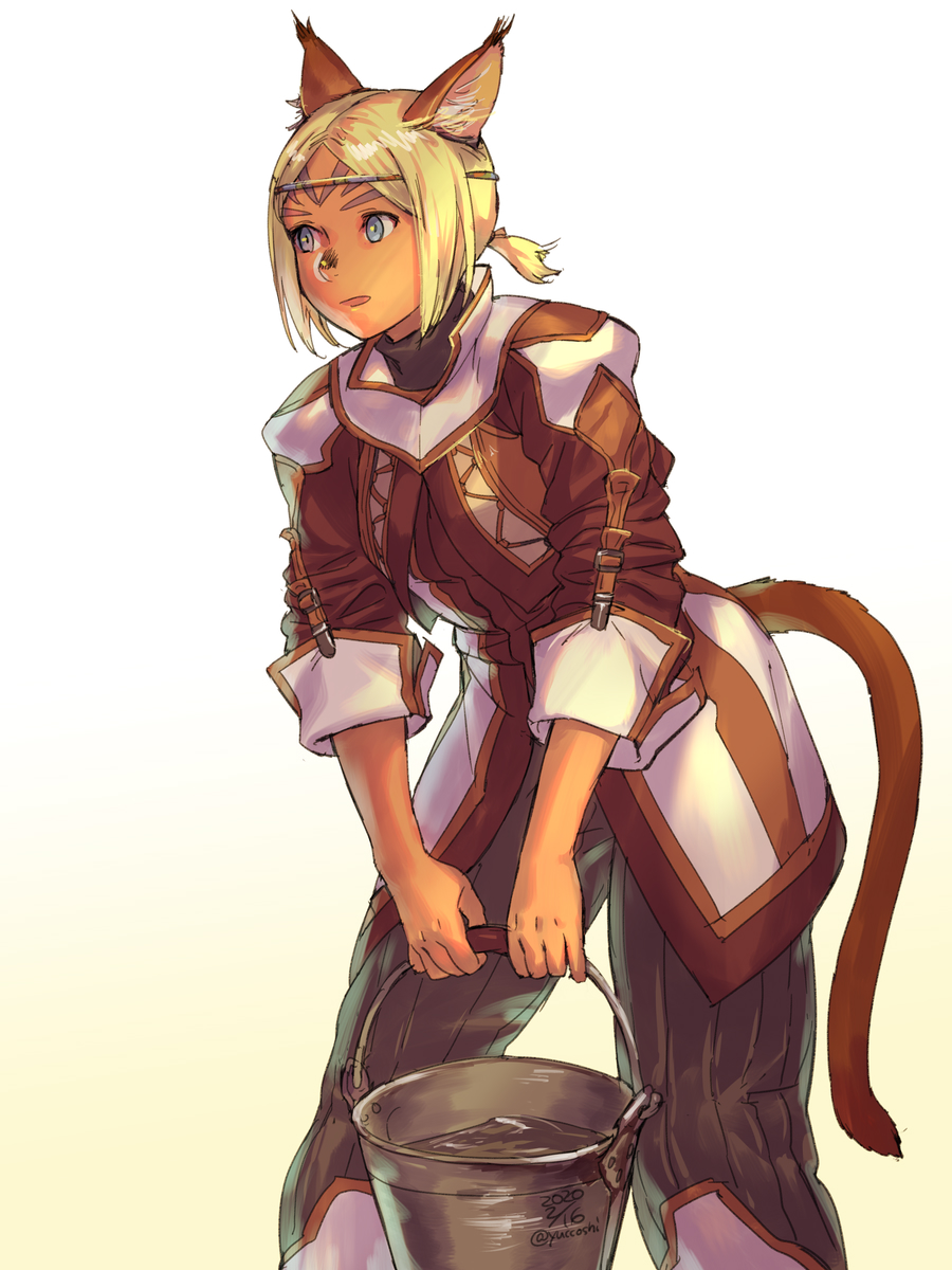 1girl 2020 animal_ear_fluff animal_ears bangs blonde_hair blue_eyes bucket bucket_of_water cat_ears cat_girl cat_tail dark-skinned_female dark_skin dated final_fantasy final_fantasy_xi gradient gradient_background highres holding holding_bucket mithra_(ff11) no_eyebrows open_mouth pants parted_bangs short_hair sleeves_past_elbows solo tail twitter_username water yuccoshi