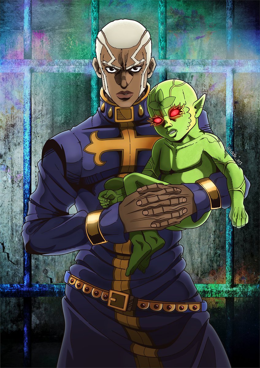 2boys artist_request black_eyes dark dark-skinned_male dark_skin enrico_pucci glowing glowing_eyes green_baby_(jojo) highres jacket jojo_no_kimyou_na_bouken looking_at_viewer multiple_boys official_art purple_jacket red_eyes short_hair source_request standing stone_ocean very_short_hair white_hair