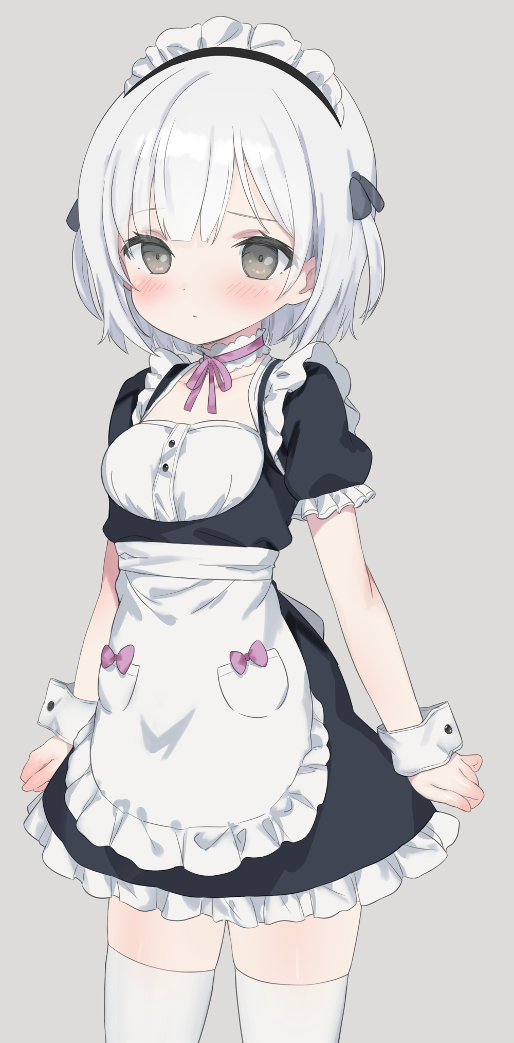 1girl apron bangs black_dress blush breasts closed_mouth commentary_request dress eyebrows_visible_through_hair frilled_apron frilled_dress frills grey_background grey_eyes highres looking_at_viewer maid maid_headdress original puffy_short_sleeves puffy_sleeves ruriri short_hair short_sleeves silver_hair simple_background small_breasts solo thigh-highs two_side_up white_apron white_legwear wrist_cuffs