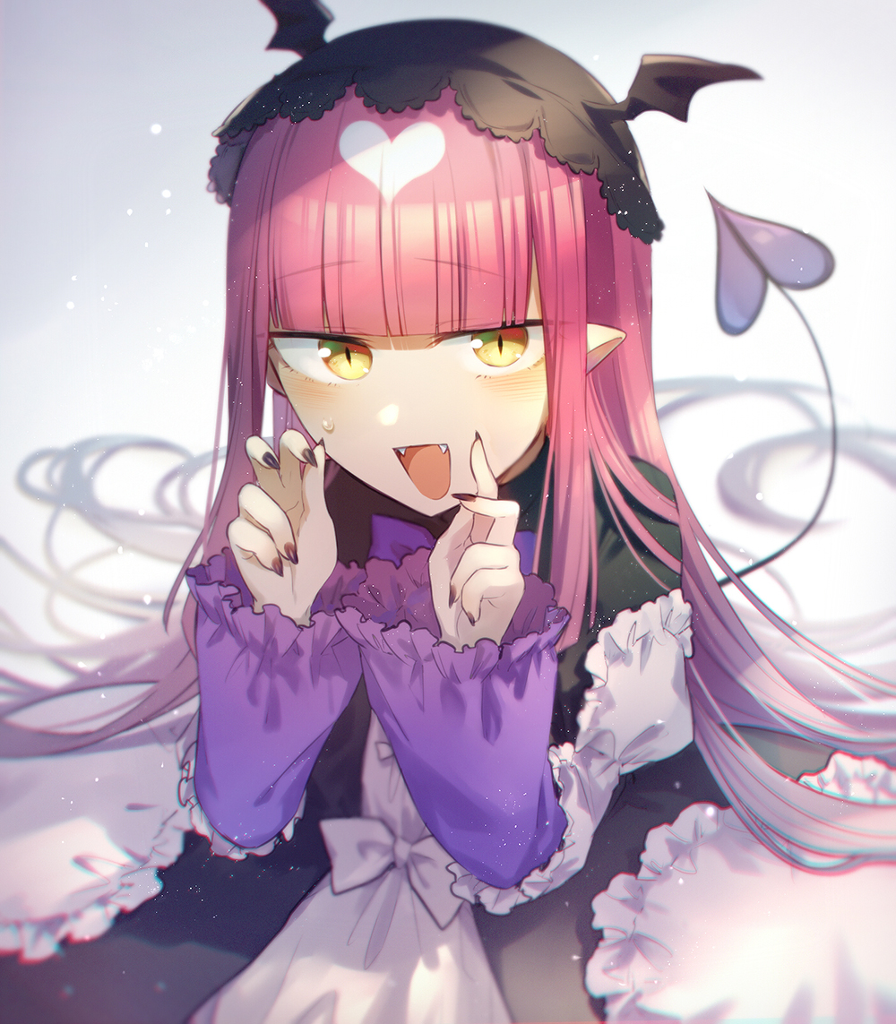 1girl black_dress blush demon_girl demon_tail demon_wings dress fangs fingernails frills hairband head_wings heart long_hair long_sleeves maou-jou_de_oyasumi mary_(14476764) multicolored multicolored_clothes multicolored_dress open_mouth pink_hair sharp_fingernails solo succyun tail very_long_hair white_dress wings yellow_eyes