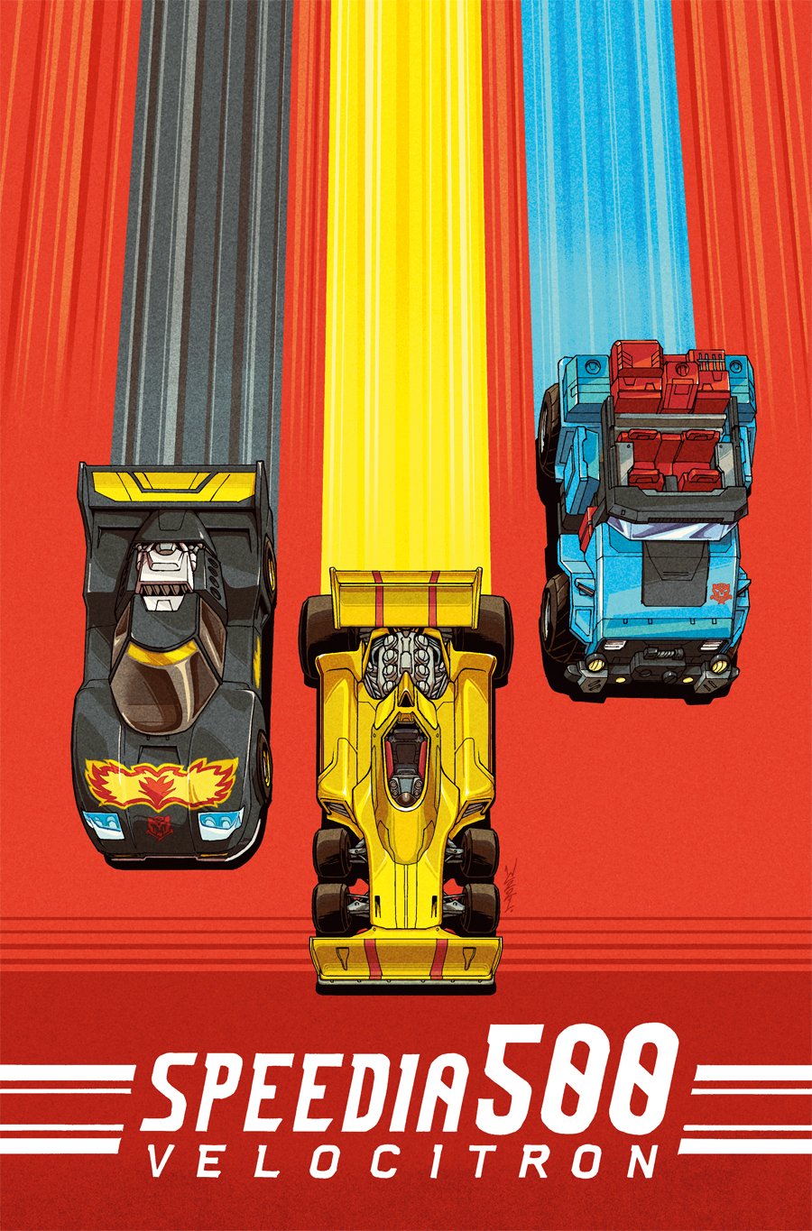 autobot comic_cover cover cover_page dragstrip engine english_commentary flame_print from_above headlight highres hot_shot_(transformers) insignia no_humans official_art ricochet_(transformers) spoiler_(automobile) the_transformers_(idw) transformers vehicle_focus wheel windshield winston_chan