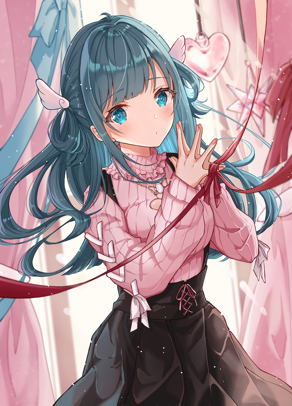 1girl amano_nene_(vtuber) bangs black_skirt blue_eyes blue_hair breasts closed_mouth commentary_request commission curtains eyebrows_visible_through_hair hair_rings hands_up heart highres long_hair long_sleeves looking_at_viewer medium_breasts minausa nail_polish pink_nails pink_sweater pleated_skirt production_kawaii puffy_long_sleeves puffy_sleeves ribbed_sweater skirt sleeves_past_wrists solo steepled_fingers suspender_skirt suspenders sweater very_long_hair virtual_youtuber window wing_hair_ornament