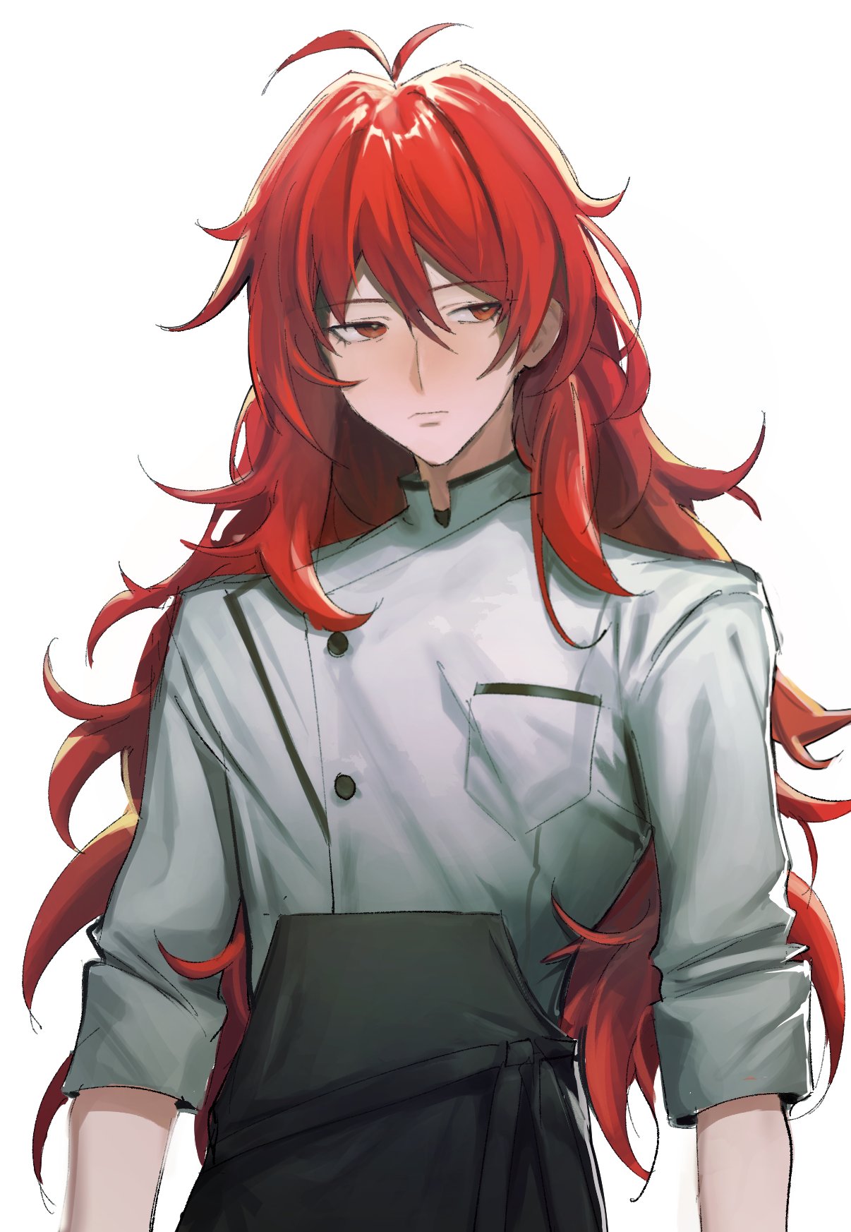 1boy antenna_hair apron bangs black_apron breast_pocket buttons chef_uniform closed_mouth diluc_(genshin_impact) genshin_impact hair_between_eyes highres kyandii long_hair long_sleeves looking_at_viewer messy_hair pocket red_eyes redhead shiny shiny_clothes shiny_hair simple_background solo upper_body white_background