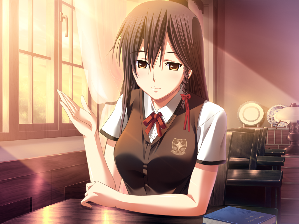 1girl bangs black_vest braid brown_eyes brown_hair dress_shirt dusk eyebrows_visible_through_hair game_cg hair_between_eyes hair_ribbon indoors kurobane_kyouka long_hair m&amp;m neck_ribbon official_art red_ribbon ribbon saint_estera_gakuin_no_shichinin_no_majo school_uniform shiny shiny_hair shirt short_sleeves single_braid sitting solo sunlight vest white_shirt