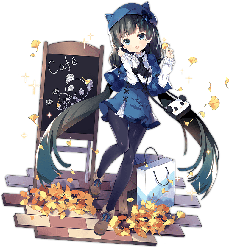 1girl :3 :d animal_bag animal_hat ark_order ascot bag bangs beret black_hair black_legwear black_neckwear blue_headwear blue_skirt boots brown_footwear chalkboard frilled_sleeves frills full_body ginkgo_leaf green_eyes hat hat_with_ears holding holding_leaf leaf leizu_(ark_order) long_hair long_sleeves low_twintails menu_board official_art open_mouth pantyhose shirt shopping_bag skirt smile solo tachi-e transparent_background tsukimi_(xiaohuasan) twintails very_long_hair white_shirt