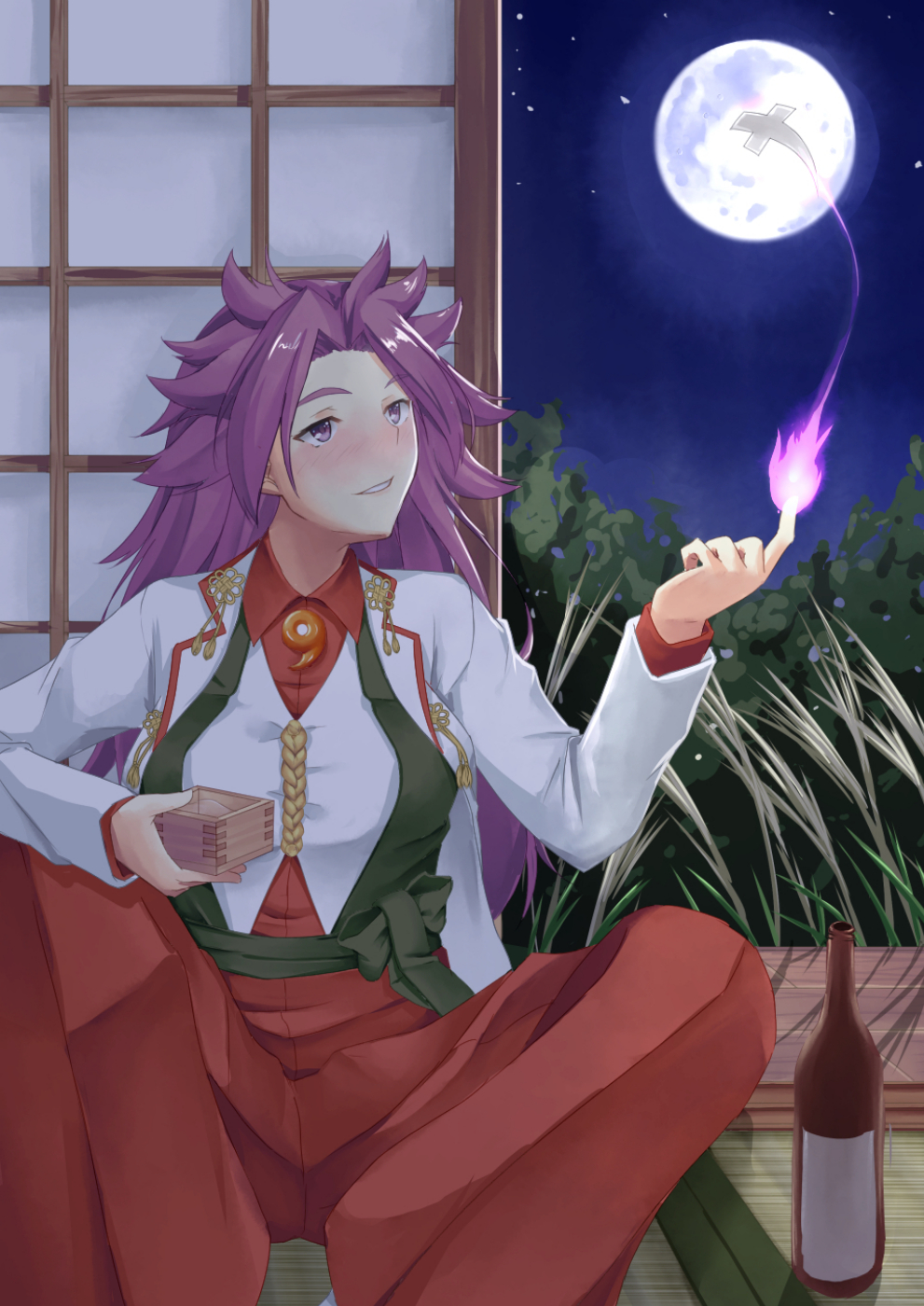 1girl blouse dress_shirt full_moon hakama hakama_pants highres japanese_clothes jun'you_(kancolle) kantai_collection long_hair magatama moon night night_sky onmyouji pants purple_hair red_hakama shikigami shirt sitting sky solo spiky_hair taira_yuuki vest violet_eyes