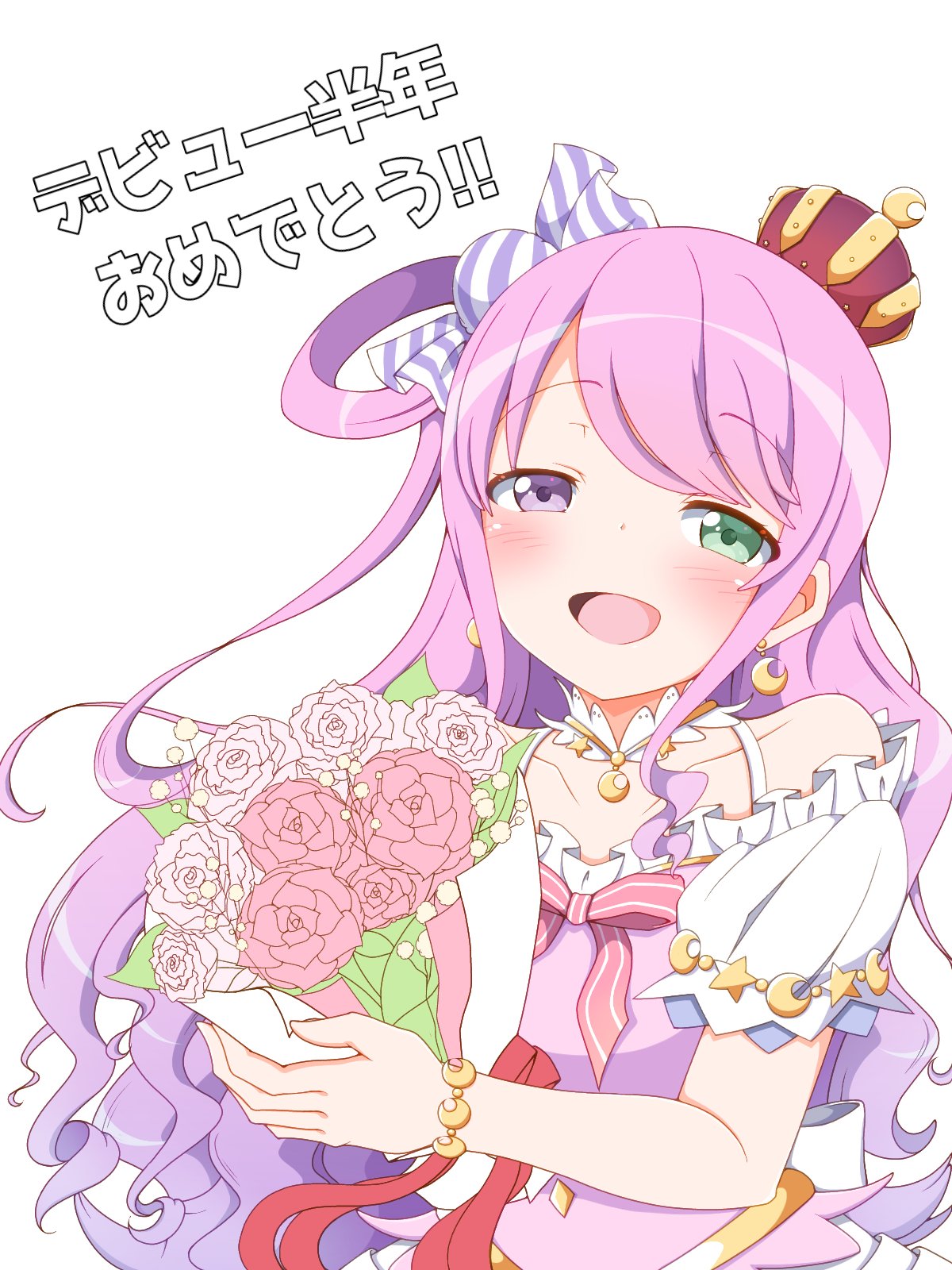 1girl bouquet bracelet candy_hair_ornament crescent crescent_earrings crown dress earrings flower food-themed_hair_ornament gradient_hair green_eyes hair_ornament half-closed_eyes heterochromia highres himemori_luna hololive jewelry mini_crown multicolored_hair open_mouth pink_dress pink_hair purple_hair rose smile solo star_(symbol) translation_request upper_body violet_eyes virtual_youtuber wavy_hair yukino_tsukasa