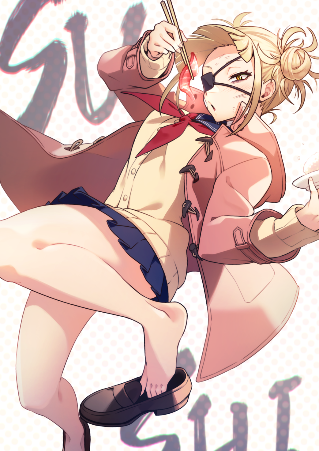 1girl :o abiko_yuuji alternate_costume arm_up bandages bandaid bandaid_on_cheek bangs black_eyepatch blonde_hair blue_sailor_collar blue_skirt blunt_bangs boku_no_hero_academia bowl brown_footwear brown_jacket bruise cardigan commentary_request double_bun eyepatch food grey_background hand_up highres holding holding_bowl injury jacket long_sleeves looking_at_viewer miniskirt neckerchief open_clothes open_jacket pleated_skirt polka_dot polka_dot_background red_neckwear rice sailor_collar school_uniform serafuku shoe_removed shoes skirt solo sushi toga_himiko yellow_eyes