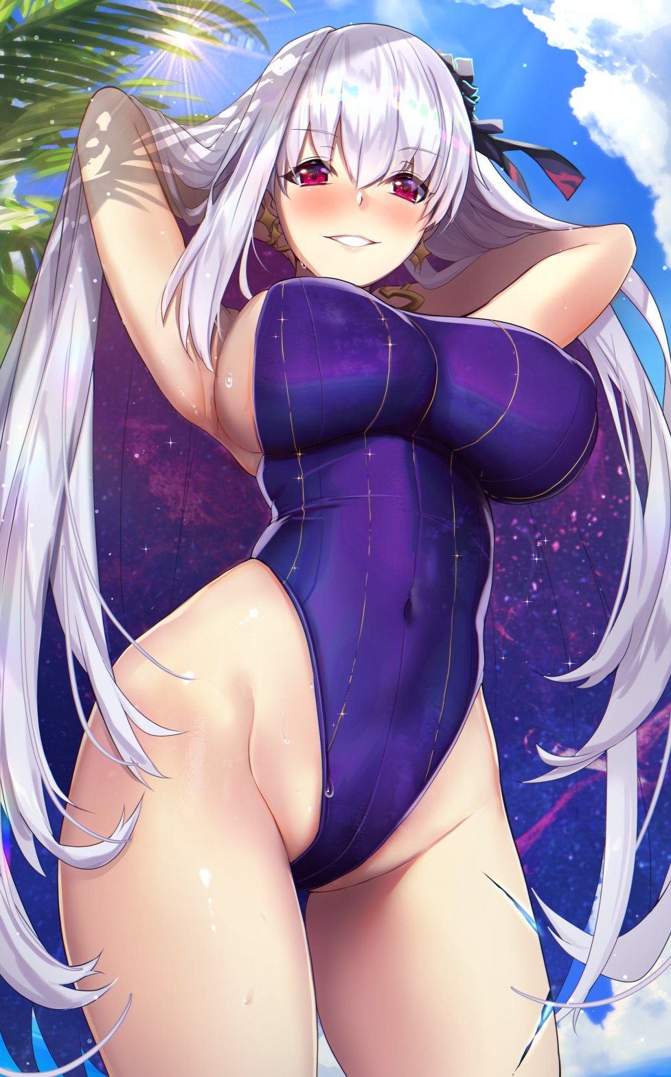 1girl armpits arms_behind_head arms_up bangs bare_shoulders blue_sky blush breasts clouds covered_navel earrings fate/grand_order fate_(series) flower hair_flower hair_ornament hair_ribbon highleg highleg_swimsuit highres jewelry kama_(fate) kama_(swimsuit_avenger)_(fate) large_breasts long_hair looking_at_viewer lotus multicolored_hair one-piece_swimsuit open_mouth outdoors palm_tree purple_hair purple_swimsuit red_eyes ribbon silver_hair sky smile solo star_(symbol) star_earrings sun swimsuit thighs tree two-tone_hair untue
