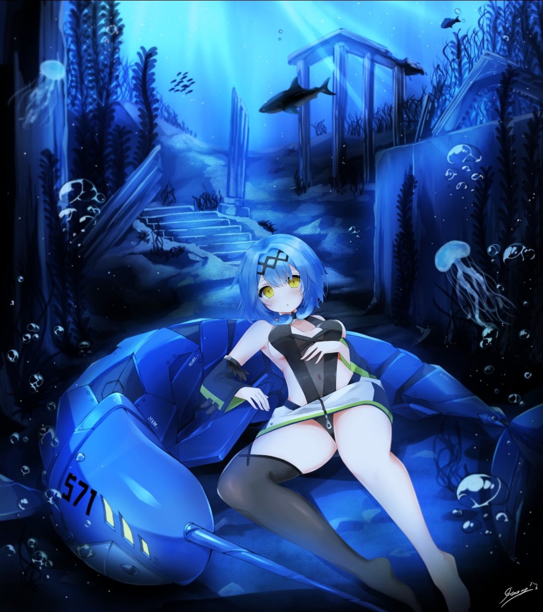 1girl air_bubble azur_lane bare_shoulders black_legwear black_swimsuit blue_hair breasts bubble detached_sleeves full_body highres jellyfish kaorun_(momiji_hourensou) long_hair looking_at_viewer lying mechanical_animal nautilus_(azur_lane) on_back one-piece_swimsuit ruins see-through shark signature single_thighhigh small_breasts solo swimsuit thigh-highs underwater yellow_eyes