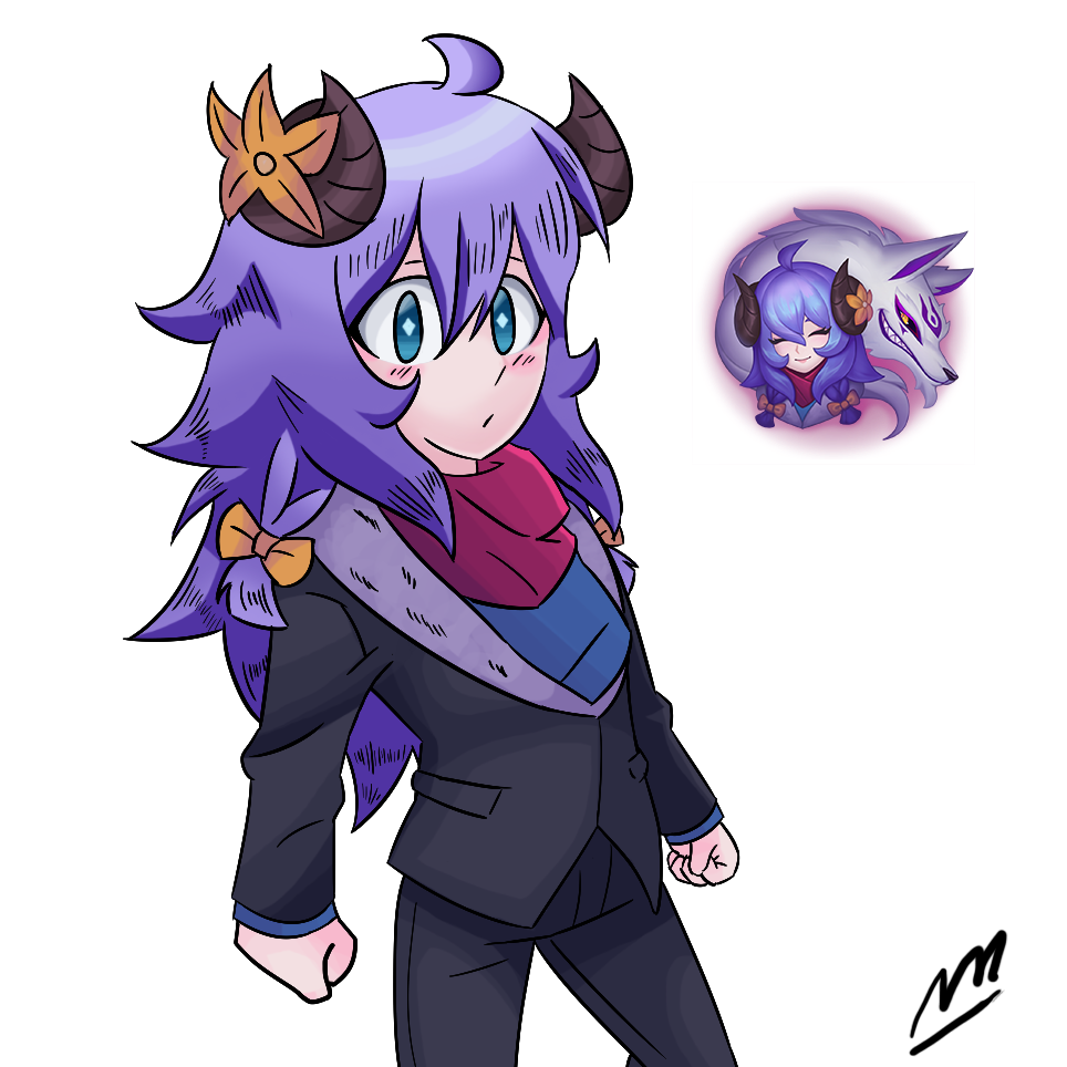 braid formal horns imrqueso kindred_(league_of_legends) lamb_(league_of_legends) league_of_legends purple_hair spirit_blossom_kindred suit suit_jacket wolf