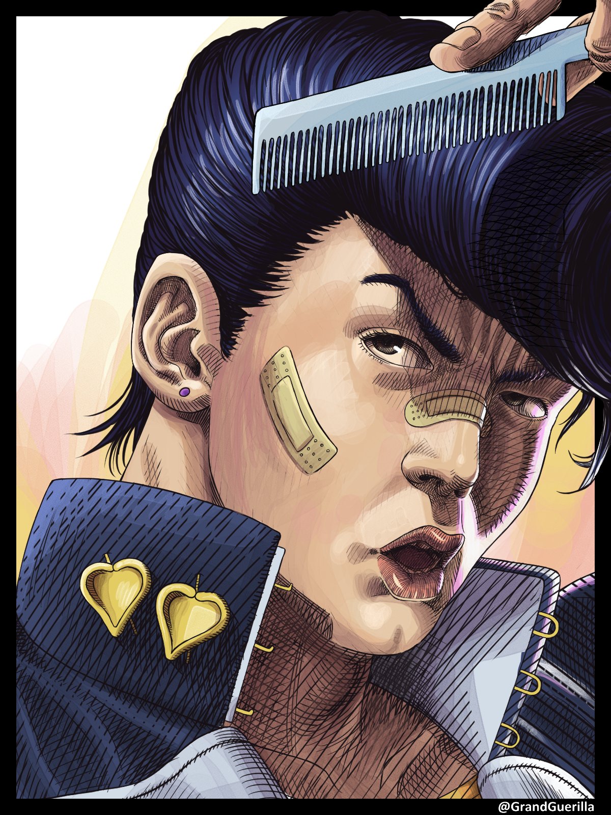 1boy arm_above_head bandaid bandaid_on_cheek bandaid_on_nose black_border black_eyes border clothes_pin comb combing diamond_wa_kudakenai earrings fingernails grandguerrilla hand_up heart higashikata_josuke high_collar highres holding holding_comb jewelry jojo_no_kimyou_na_bouken male_focus parted_lips pin pompadour portrait purple_hair realistic solo stud_earrings twitter_username upturned_eyes