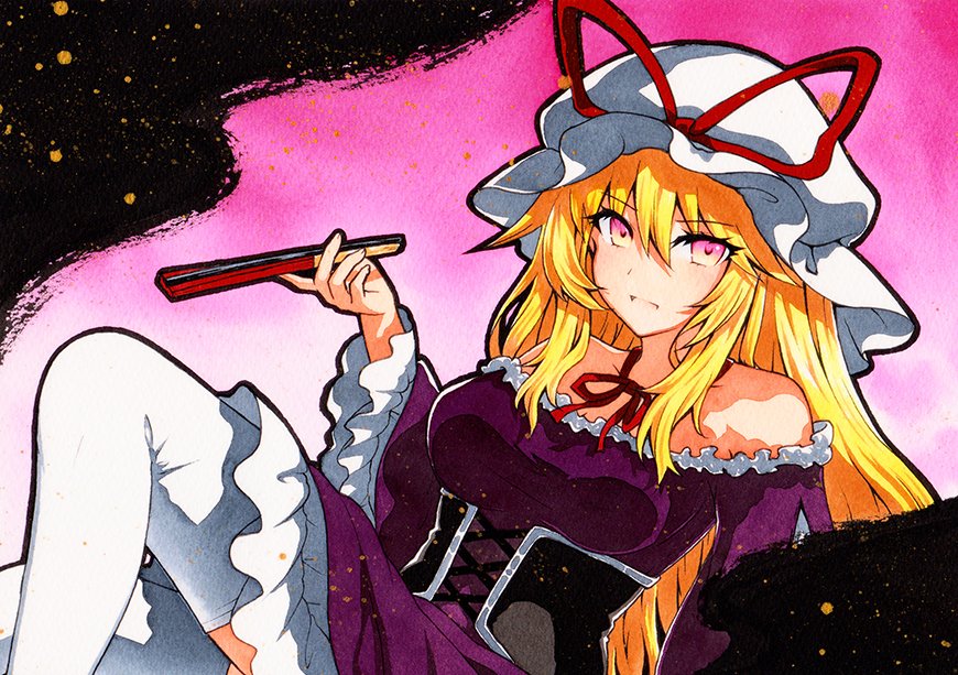 1girl :d bangs blonde_hair choker closed_fan dress eyebrows_visible_through_hair folding_fan hand_fan hat holding holding_fan long_hair looking_at_viewer mob_cap off-shoulder_dress off_shoulder open_mouth pink_background purple_dress qqqrinkappp smile solo thigh-highs touhou traditional_media white_headwear white_legwear yakumo_yukari yellow_eyes