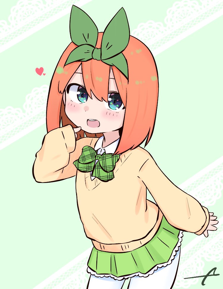 1girl bangs blue_eyes blush bow brown_sweater collared_shirt commentary_request eyebrows_behind_hair go-toubun_no_hanayome green_bow green_ribbon green_skirt hair_between_eyes hair_ribbon hand_up heart kujou_karasuma long_sleeves looking_at_viewer nakano_yotsuba orange_hair pantyhose pleated_skirt ribbon shirt signature skirt sleeves_past_wrists solo sweater white_legwear white_shirt younger