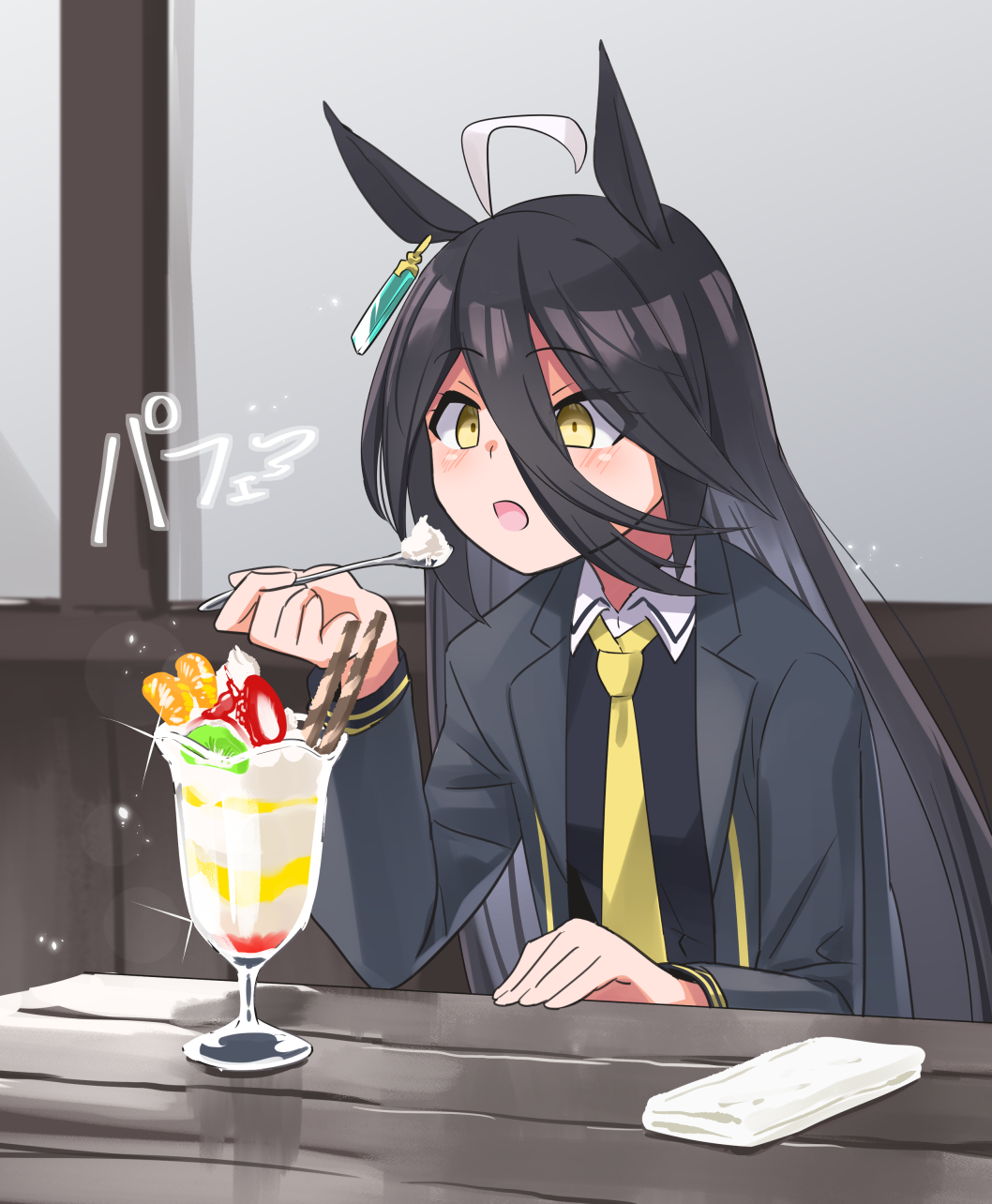 1girl ahoge animal_ears black_hair black_jacket dessert ear_piercing eating eyebrows_visible_through_hair food hair_between_eyes highres holding holding_spoon horse_ears horse_girl jacket long_bangs long_hair long_sleeves manhattan_cafe_(umamusume) necktie open_clothes open_jacket open_mouth parfait piercing solo spoon table umamusume wafer_stick white_hair yellow_eyes yellow_neckwear yuuichi_(reductionblack)