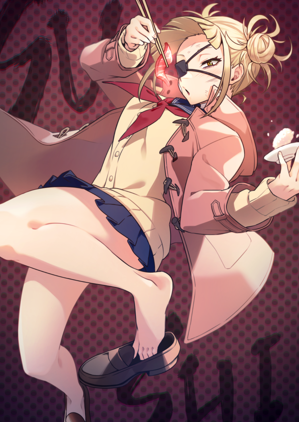 1girl :o abiko_yuuji alternate_costume arm_up bandages bandaid bandaid_on_cheek bangs black_eyepatch blonde_hair blue_sailor_collar blue_skirt blunt_bangs boku_no_hero_academia bowl brown_footwear brown_jacket bruise cardigan commentary_request double_bun eyepatch food gradient gradient_background hand_up highres holding holding_bowl injury jacket long_sleeves looking_at_viewer miniskirt neckerchief open_clothes open_jacket pleated_skirt polka_dot polka_dot_background red_background red_neckwear rice sailor_collar school_uniform serafuku shoe_removed shoes skirt solo sushi toga_himiko yellow_eyes