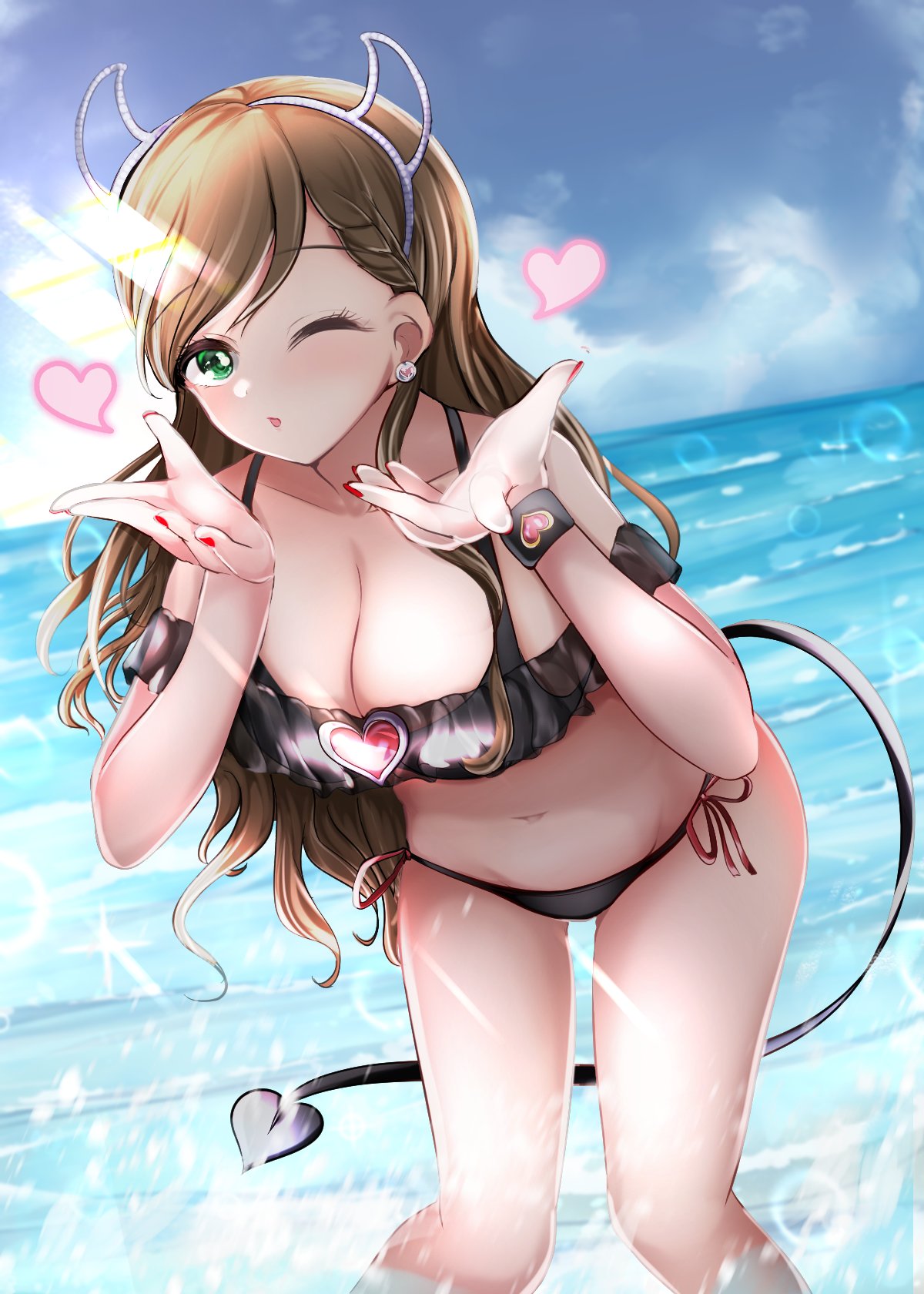 1girl bikini black_bikini blowing_kiss brown_hair demon_horns demon_tail earrings etou_misaki_(idolmaster) feet_out_of_frame groin hairband hands_up heart highres horizon horns idolmaster idolmaster_cinderella_girls jewelry kizumi_(reversemizuki) long_hair looking_at_viewer midriff nail_polish navel ocean one_eye_closed side-tie_bikini solo swimsuit tail wristband