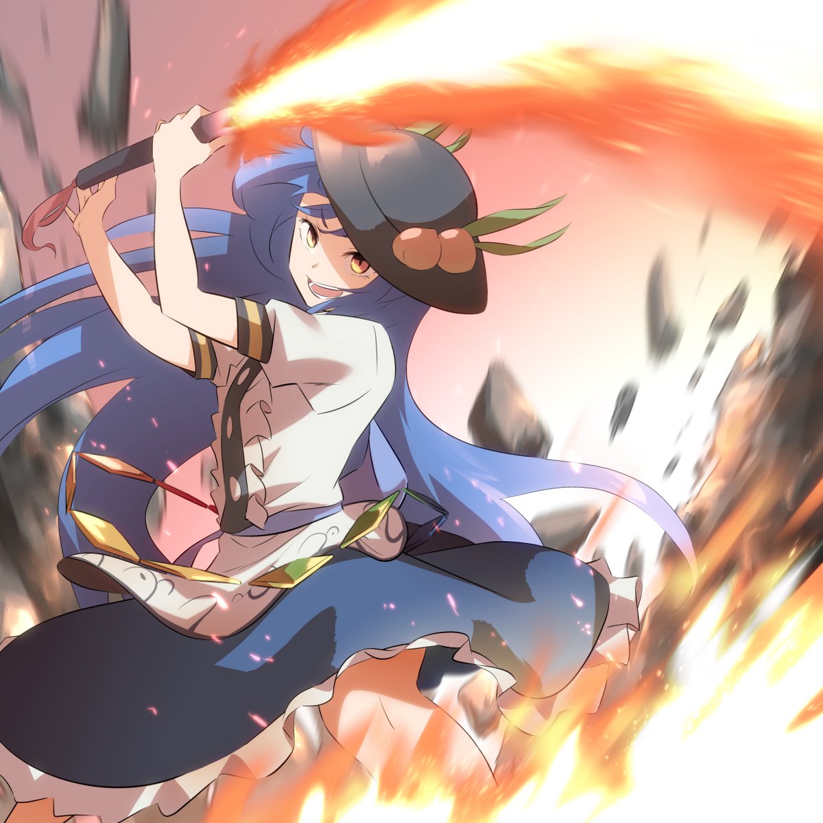 1girl :d black_headwear blue_hair blue_skirt breasts center_frills commentary_request eyebrows_visible_through_hair feet_out_of_frame fire flaming_sword flaming_weapon floating_hair food frills fruit fruit_hat_ornament hands_up hat highres hinanawi_tenshi holding holding_sword holding_weapon long_hair motion_blur open_mouth orange_eyes peach peach_hat_ornament petticoat puffy_short_sleeves puffy_sleeves rock shirt short_sleeves shundou_heishirou skirt small_breasts smile solo sword sword_of_hisou touhou v-shaped_eyebrows weapon white_shirt