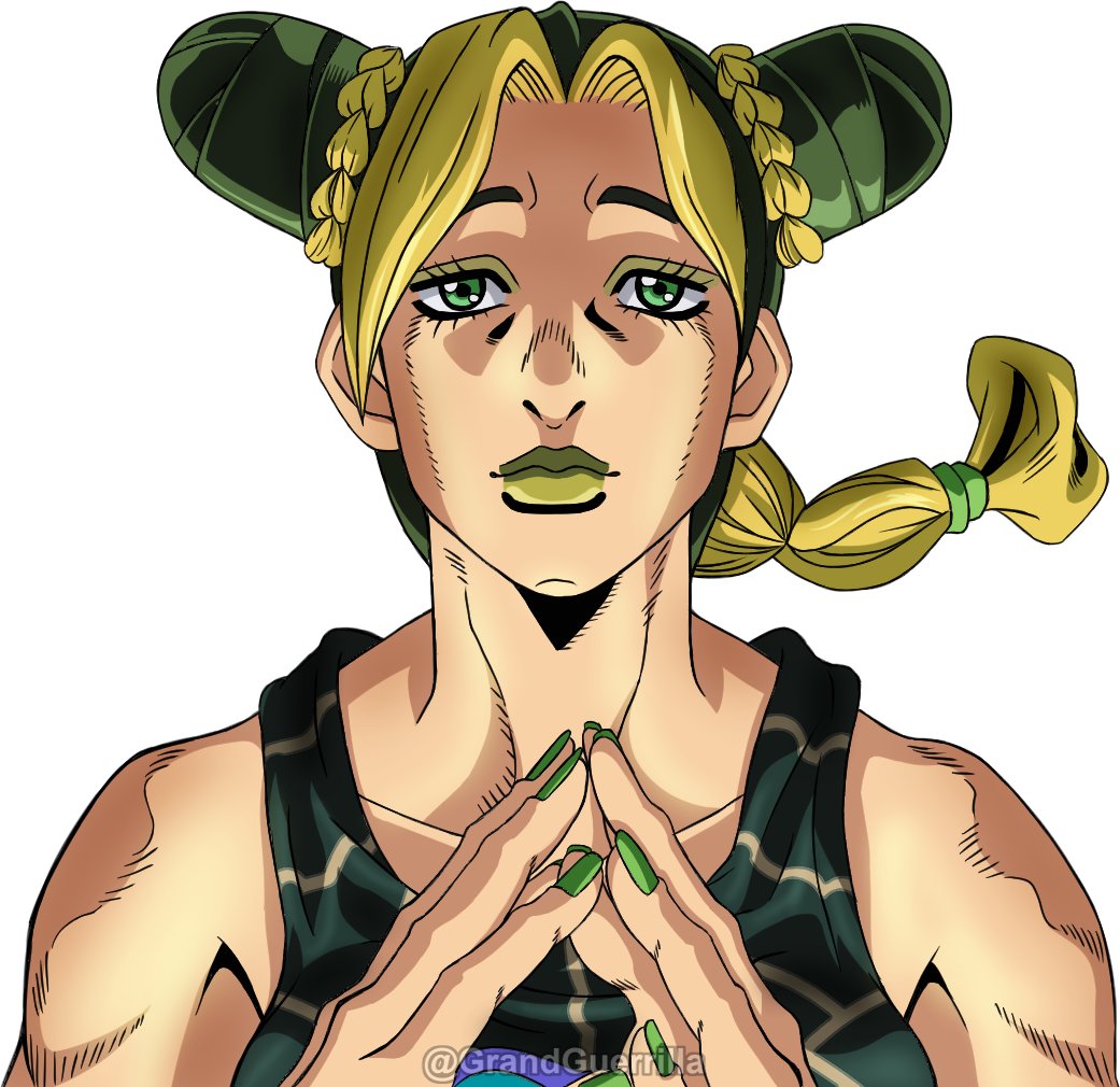 1girl blonde_hair braid braided_bun closed_mouth double_bun fingernails grandguerrilla green_eyes green_hair green_lips green_nails green_shirt jojo_no_kimyou_na_bouken kujo_jolyne light_smile lipstick looking_at_viewer makeup multicolored_hair nail_polish ponytail shirt simple_background solo steepled_fingers stone_ocean trade_offer_(meme) twitter_username two-tone_hair upper_body white_background