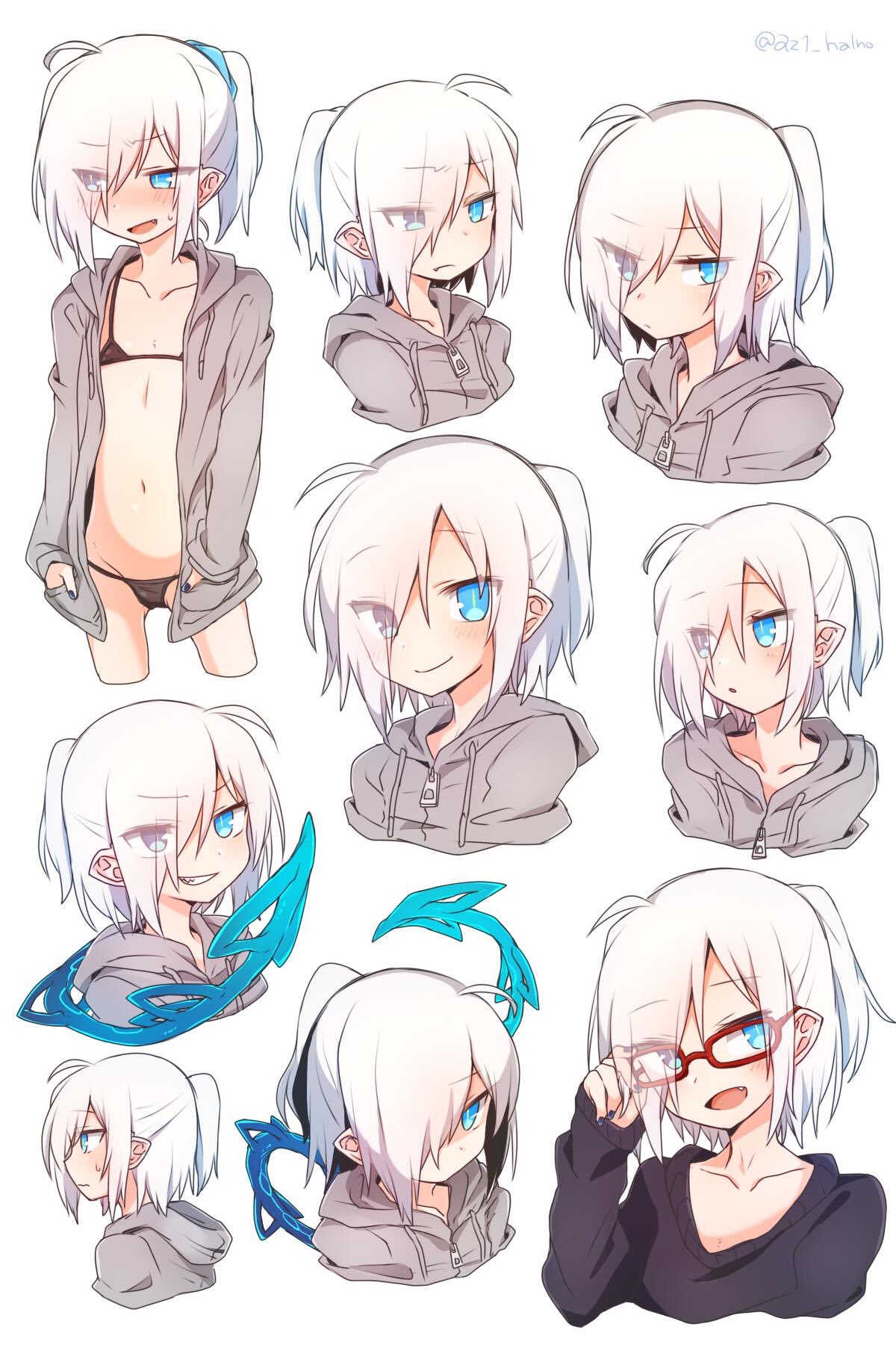 1girl :d bespectacled bikini black_bikini blue_eyes blush closed_mouth dot_nose embarrassed expressions eyes_visible_through_hair fang flat_chest glasses grey_hoodie grin heterochromia higashi_shino highres hood hood_down hoodie looking_at_viewer medium_hair multiple_views navel nowareno_(higashi_shino) open_mouth original pointy_ears ponytail red-framed_eyewear simple_background smile sweatdrop swimsuit twitter_username white_background white_hair