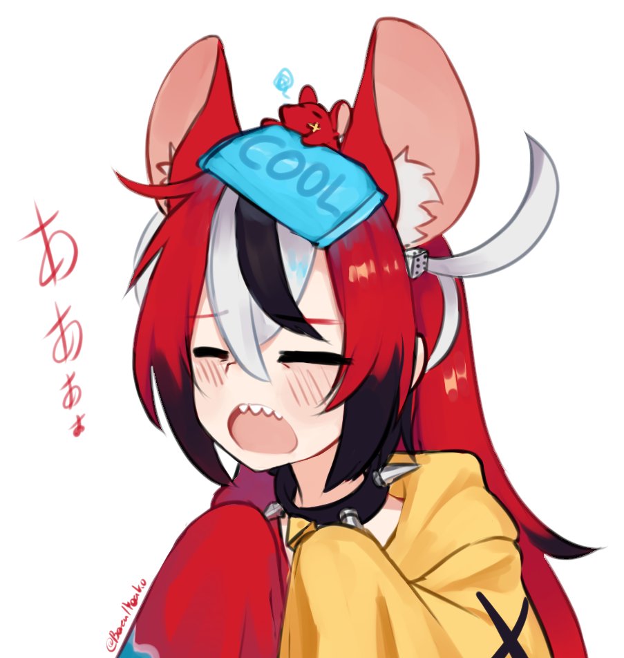 1girl animal_ears blush closed_eyes collar facing_viewer hair_between_eyes hair_down hakos_baelz hololive hololive_english long_hair long_sleeves mouse mouse_ears multicolored_hair open_mouth redhead sharp_teeth simple_background sleeves_past_fingers sleeves_past_wrists solo spiked_collar spikes streaked_hair teeth twitter_username upper_body white_background yoako