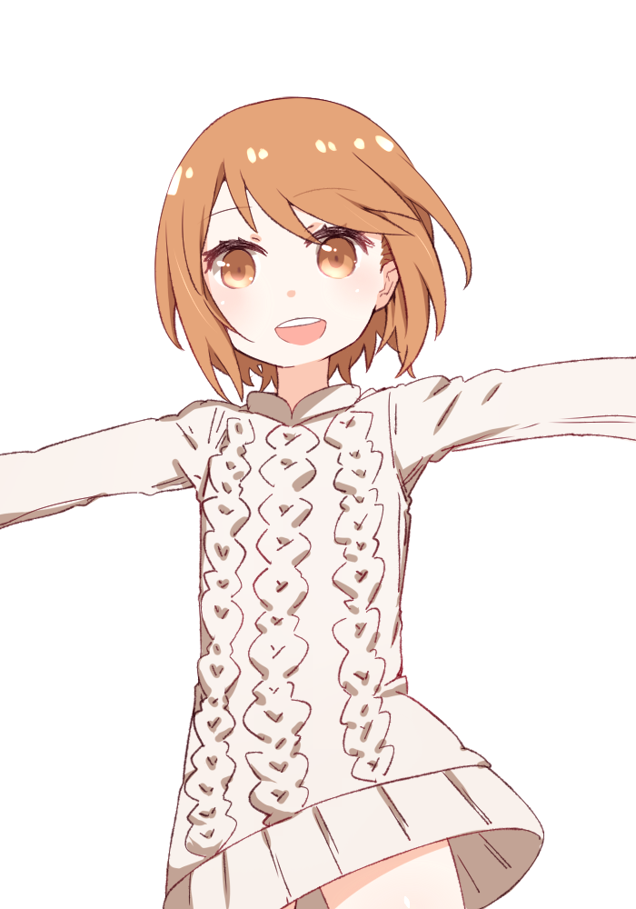 1girl :d aran_sweater bangs brown_eyes brown_hair commentary cowboy_shot dress eyebrows_visible_through_hair i.u.y kinuhata_saiai light_blush long_sleeves looking_at_viewer open_mouth outstretched_arms short_hair simple_background smile solo spread_arms sweater sweater_dress teeth toaru_majutsu_no_index white_background white_dress white_sweater