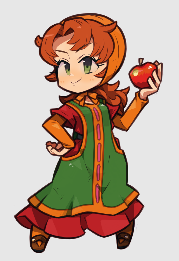 1girl apple brown_hair chibi closed_mouth curly_hair dragon_quest dragon_quest_vii dress food fruit green_eyes hood ibara. long_hair maribel_(dq7) simple_background smile solo