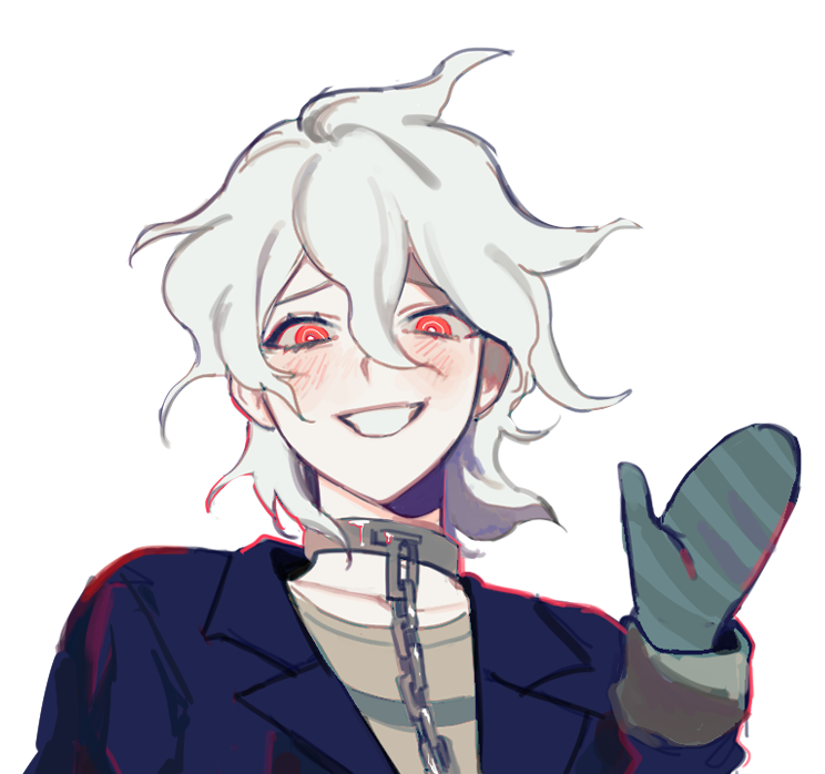 1boy ahoge bangs black_jacket blush chain collar commentary_request cropped_shoulders danganronpa_(series) danganronpa_another_episode:_ultra_despair_girls gloves grey_hair grin hand_up jacket komaeda_nagito long_sleeves looking_at_viewer male_focus medium_hair messy_hair metal_collar official_alternate_costume red_eyes shirt simple_background sketch smile solo striped striped_shirt upper_body white_background yp_(pypy_5_)