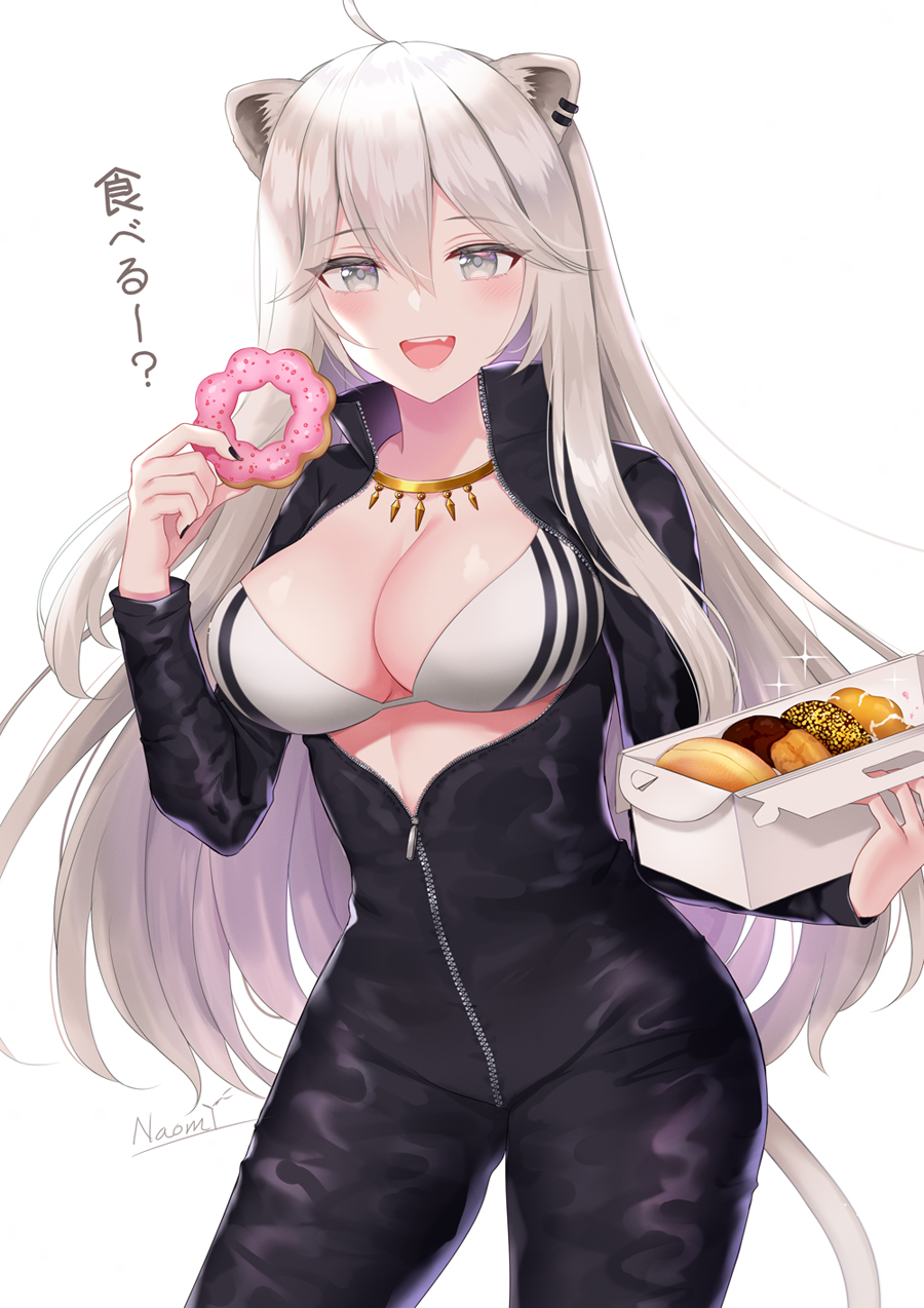 a animal_ears bangs bodysuit bra breasts doughnut food grey_eyes highres hololive large_breasts looking_at_viewer naomi_(fantasia) open_bodysuit open_clothes shishiro_botan smile underwear unzipped white_hair