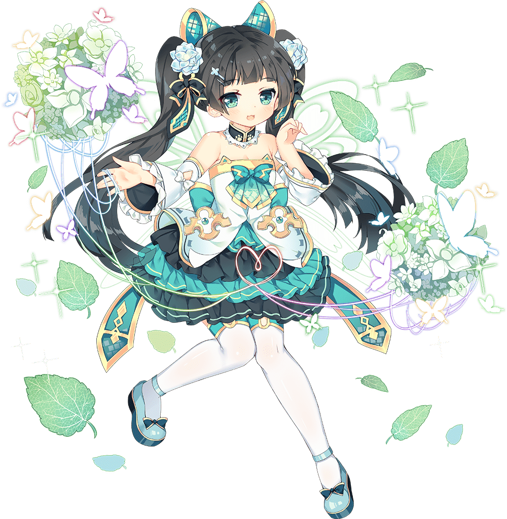 1girl ark_order bangs bare_shoulders black_bow black_hair blue_bow blue_footwear bow bug butterfly butterfly_wings detached_collar detached_sleeves dress energy_wings flat_chest flower footwear_bow frilled_sleeves frills full_body gold_trim green_bow green_dress green_eyes green_wings hair_bow hair_flower hair_ornament hairclip leaf leizu_(ark_order) long_hair long_sleeves multicolored multicolored_clothes multicolored_dress official_art shoes solo sparkle tachi-e thigh-highs transparent_background tsukimi_(xiaohuasan) twintails very_long_hair white_bow white_dress white_flower white_legwear wings
