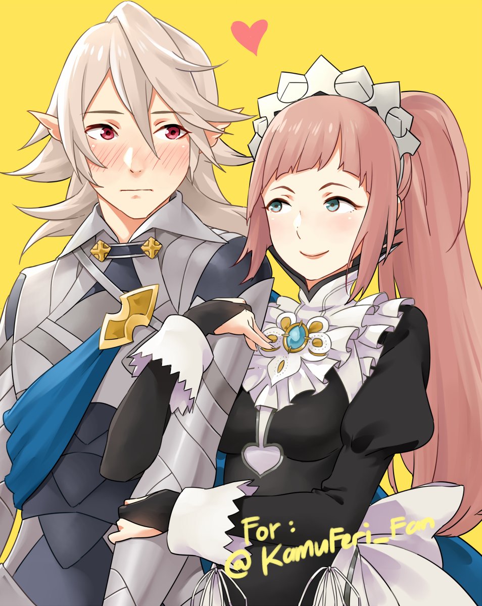 1boy 1girl apron armor bangs black_dress blunt_bangs blush breasts bridal_gauntlets closed_mouth collar commentary corrin_(fire_emblem) corrin_(fire_emblem)_(male) dress english_commentary felicia_(fire_emblem) fire_emblem fire_emblem_fates frilled_collar frills green_eyes hair_between_eyes heart highres holding_another's_arm hug igni_tion juliet_sleeves lips long_hair long_sleeves looking_at_another looking_to_the_side maid maid_headdress manakete medium_breasts pink_hair pink_lips pointy_ears ponytail puffy_sleeves red_eyes short_hair sidelocks silver_hair simple_background smile upper_body waist_apron white_apron yellow_background