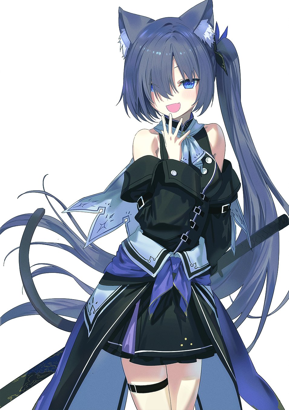 1girl :d animal_ears black_dress blue_eyes blush cat_ears cat_tail clothes_around_waist covering_mouth cowboy_shot detached_sleeves dot_nose dress fang grey_hair hair_over_one_eye hand_over_own_mouth highres jacket jacket_around_waist katana laughing long_hair long_sleeves looking_at_viewer off_shoulder open_mouth original scabbard sheath sheathed short_dress side_ponytail simple_background skin_fang sleeveless sleeveless_dress smile smug solo standing sword tail thigh_strap wasabi60 weapon white_background