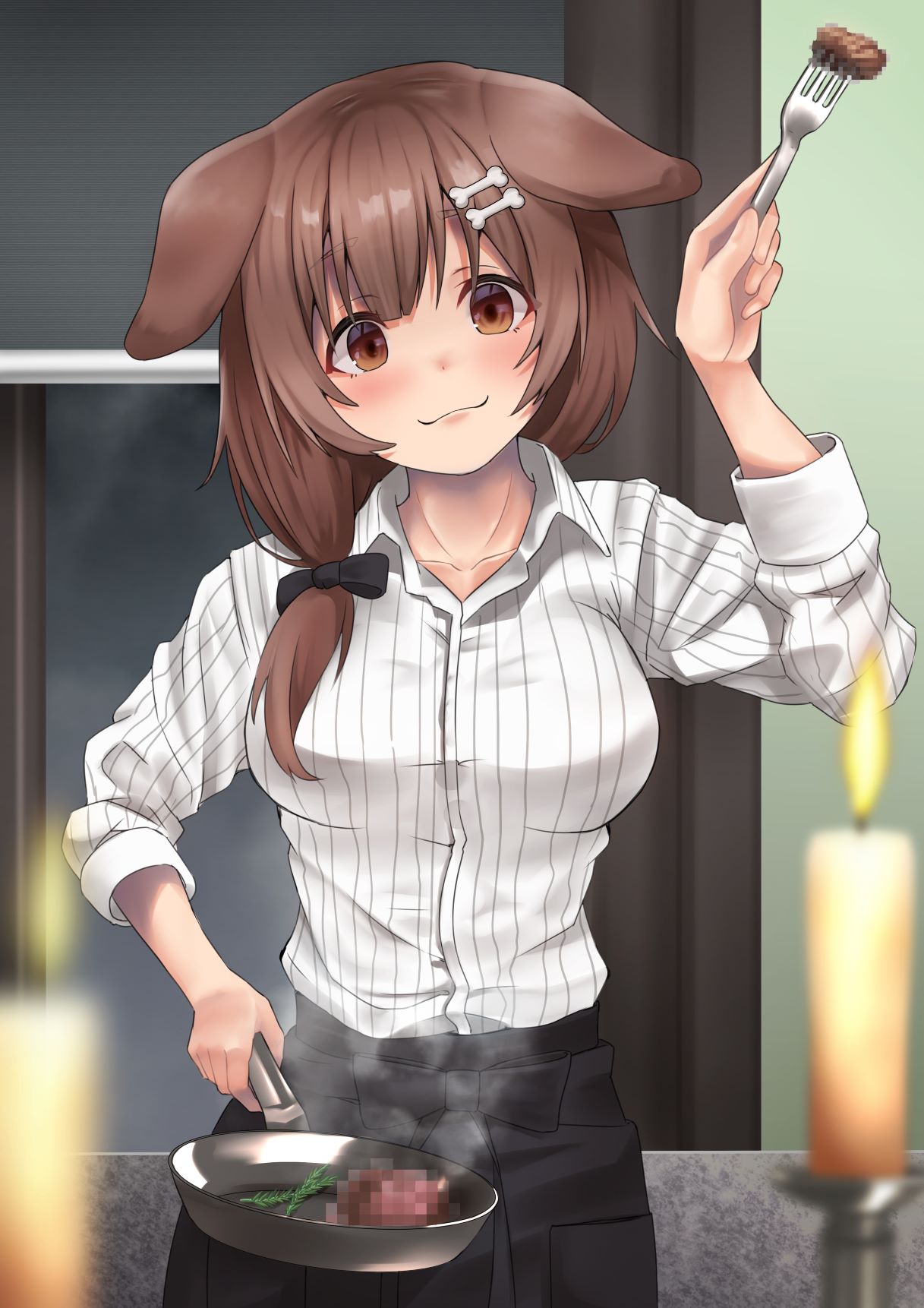 1girl :3 alternate_costume animal_ears apron bare_shoulders black_apron blurry blush bone_hair_ornament breasts brown_eyes brown_hair candle censored censored_food closed_mouth collared_shirt commentary_request cowboy_shot depth_of_field dog_ears dog_girl dress_shirt empty_eyes fork frying_pan hair_ornament hair_over_shoulder hairclip highres holding holding_fork holding_frying_pan hololive inugami_korone large_breasts long_hair long_sleeves micon shirt smile solo striped striped_shirt vertical-striped_shirt vertical_stripes virtual_youtuber waist_apron white_shirt yandere