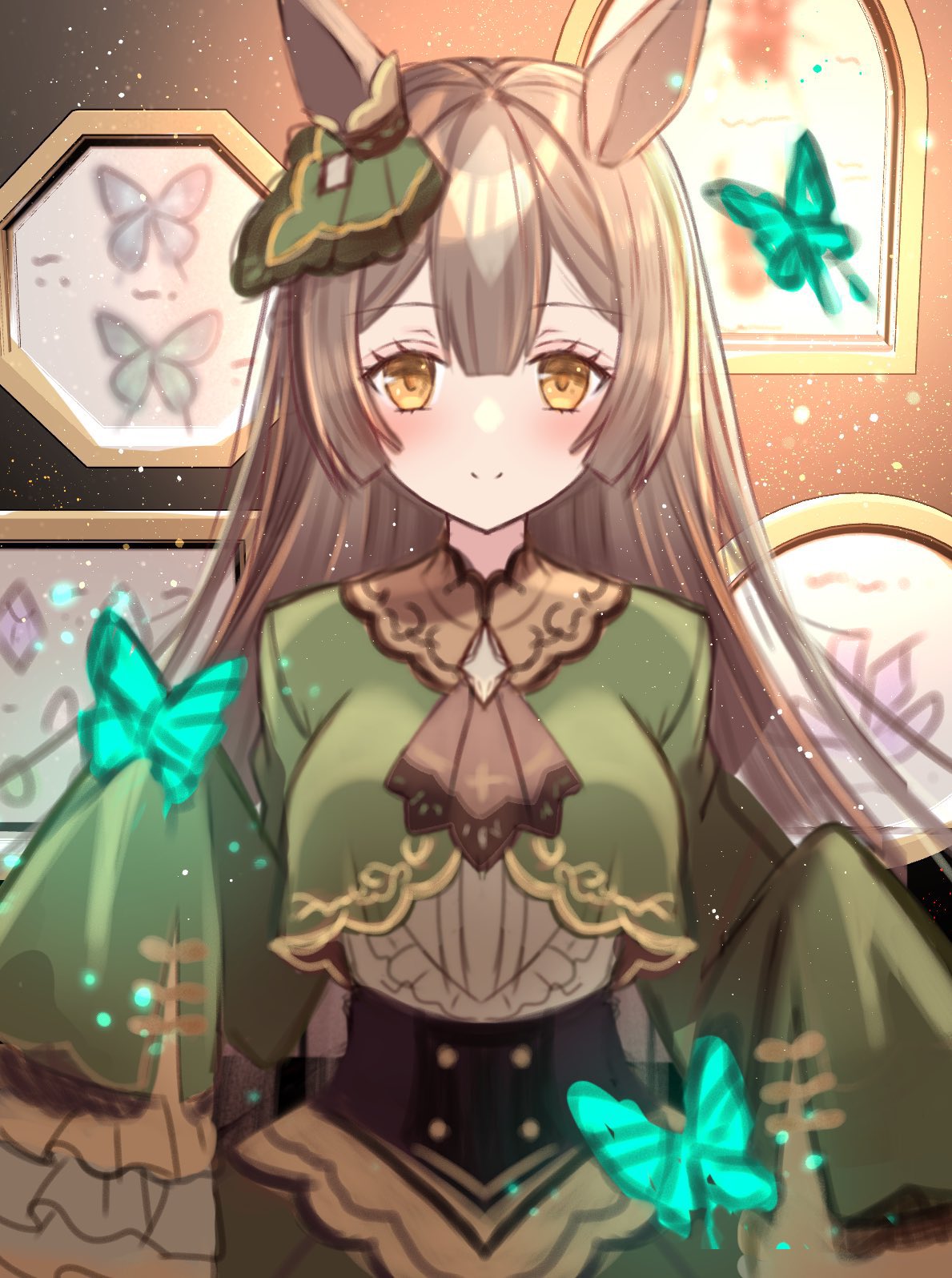 1girl animal animal_ears blush brown_eyes brown_hair bug butterfly closed_mouth dress eyebrows_visible_through_hair frilled_sleeves frills green_dress highres horse_ears horse_girl long_hair looking_at_viewer nozomi_fuuten satono_diamond_(umamusume) sleeves_past_fingers sleeves_past_wrists smile solo umamusume upper_body
